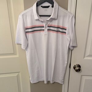 Travis Mathew White Polo with Pink and Black Stripes